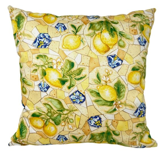 Lemon Print Tuscan Mosaic Tile Cotton Fabric Throw Pillows 16" Square - Set 3 - Picture 3 of 7